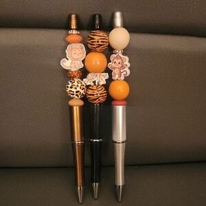Animal Print Lion, Monkey and Tiger Beaded Pens Set